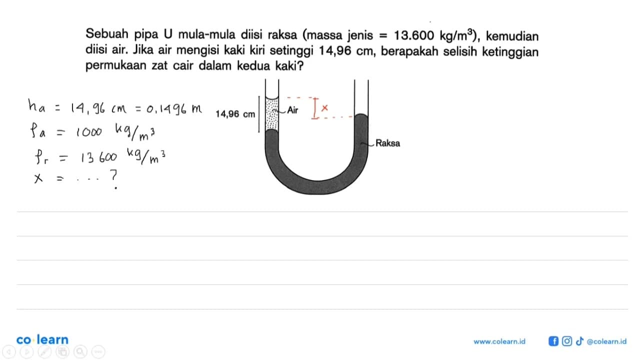 Sebuah pipa U mula-mula diisi raksa (massa jenis =13.600