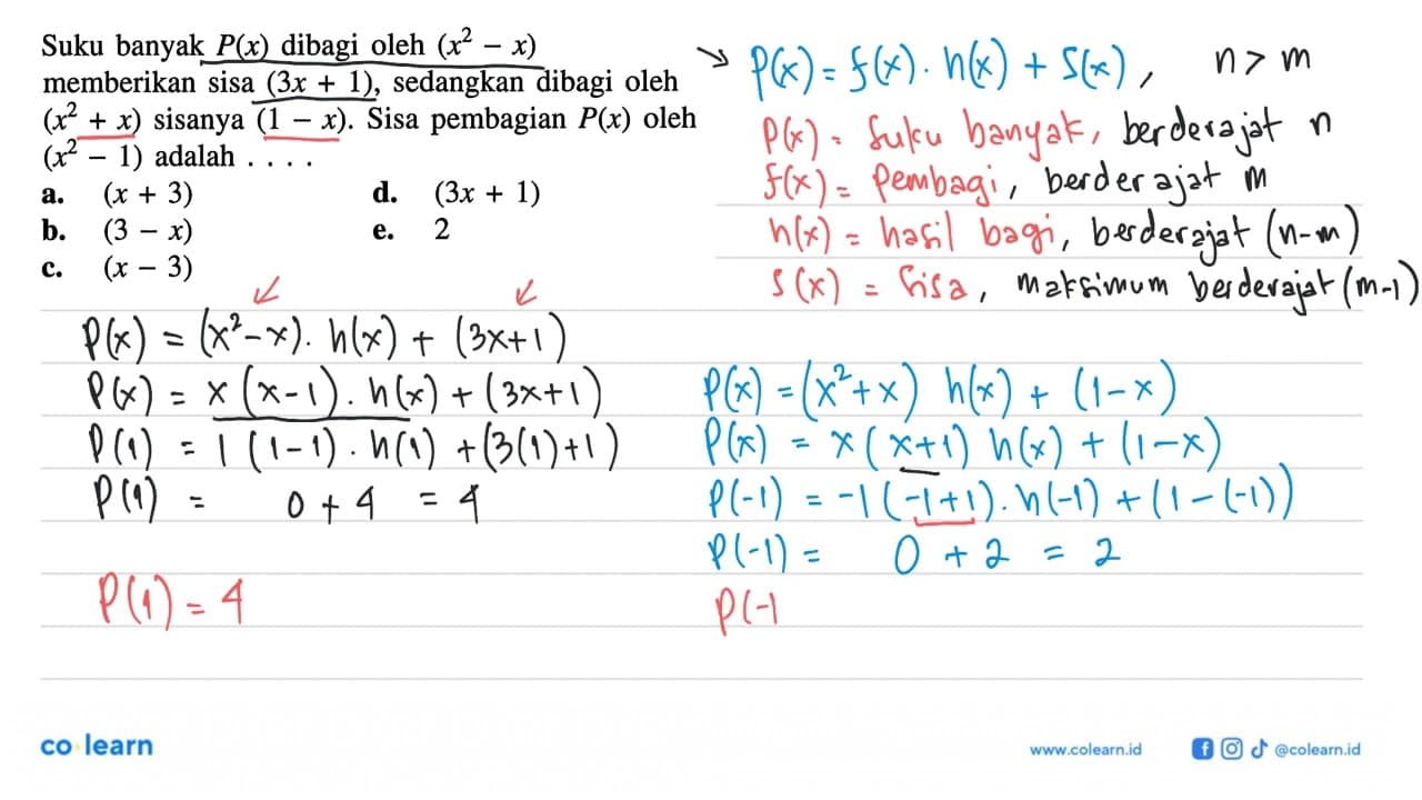 Suku banyak P(x) dibagi oleh (x^2-x) memberikan sisa