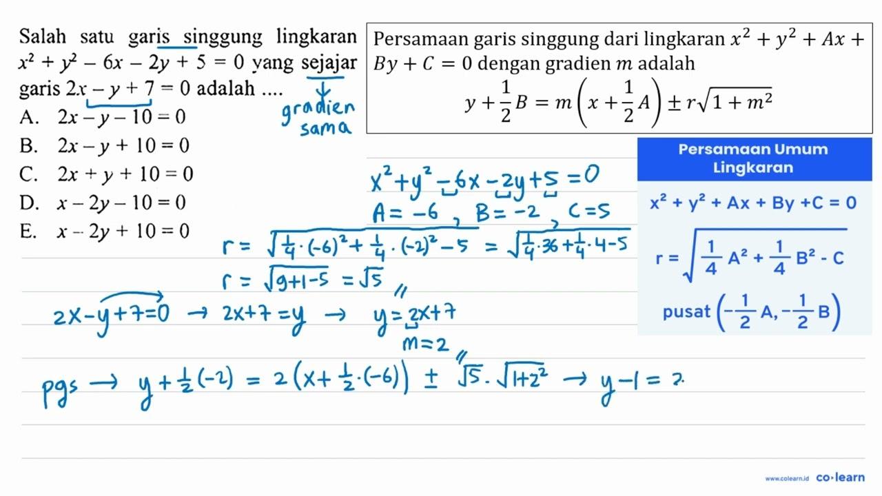 Salah satu garis singgung lingkaran x^2+y^2-6 x-2 y+5=0