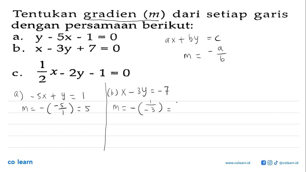 Tentukan gradien (m) setiap dari garis dengan persamaan