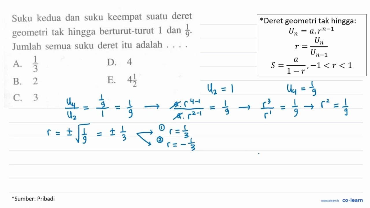 Suku kedua dan suku keempat suatu deret geometri tak hingga