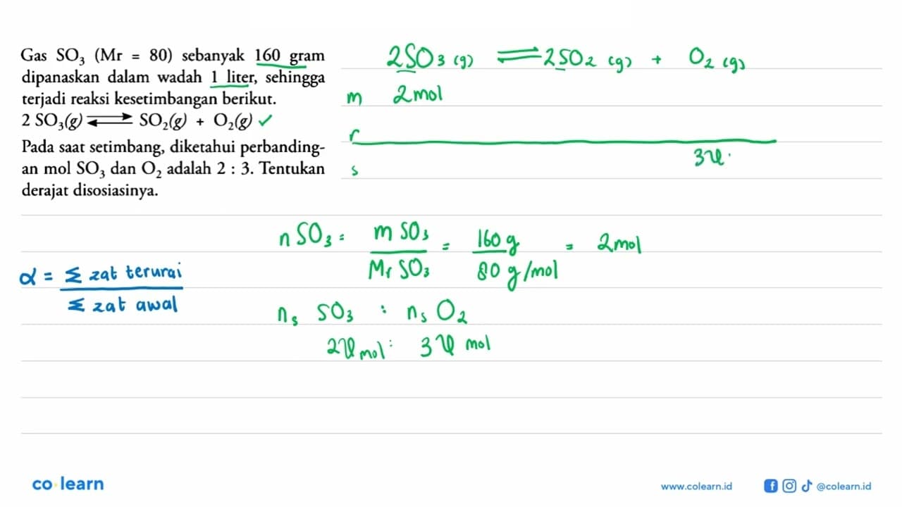 Gas SO3(Mr=80) sebanyak 160 gram dipanaskan dalam wadah 1