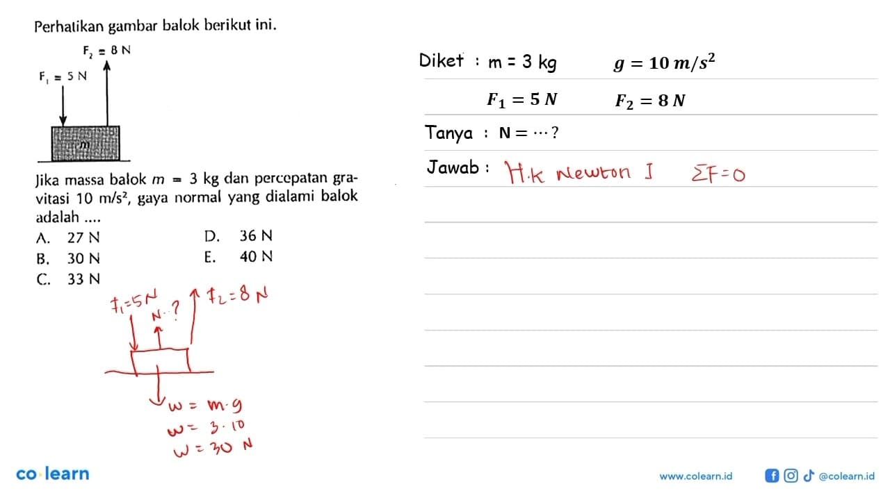 Perhatikan gambar balok berikut ini. F2=8 N F1=5 N m Jika