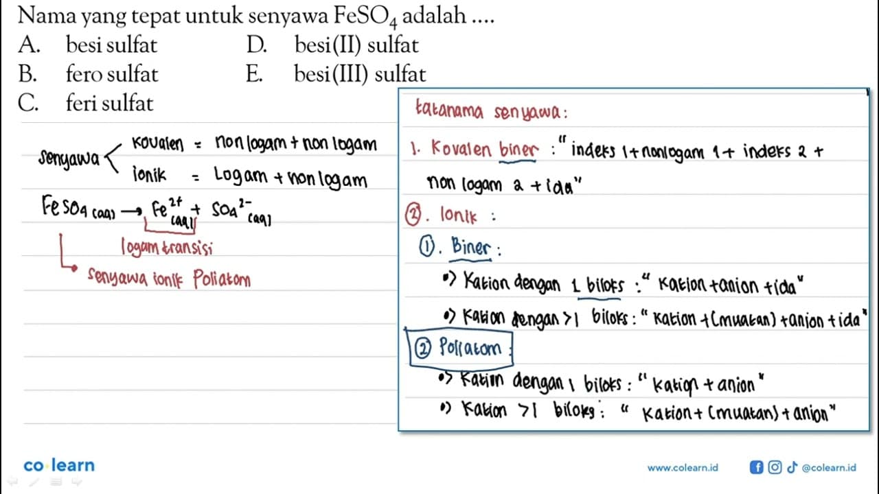 Nama yang tepat untuk senyawa FeSO4 adalah ....