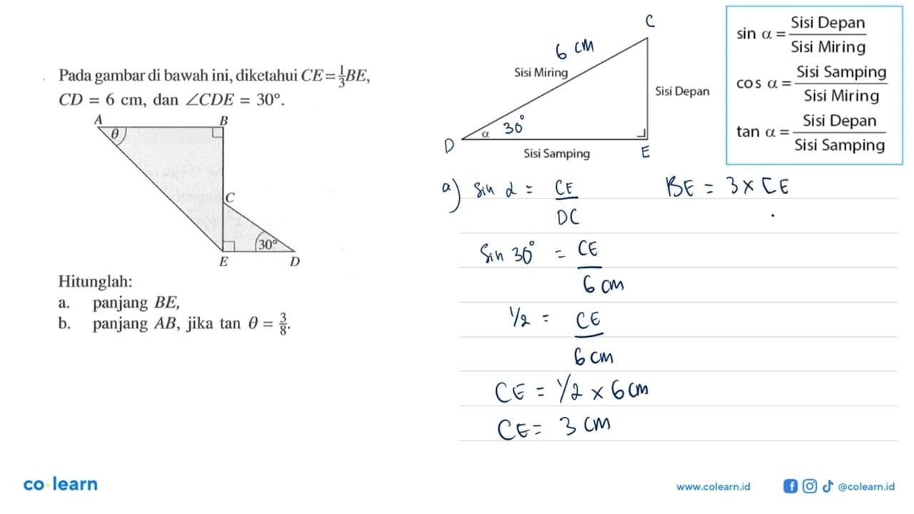 Pada gambar di bawah ini, diketahui CE=1/3BE, CD=6 cm, dan