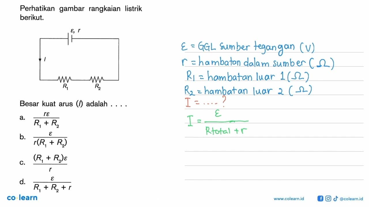 Perhatikan gambar rangkaian listrik berikut. epsilon 1 r I