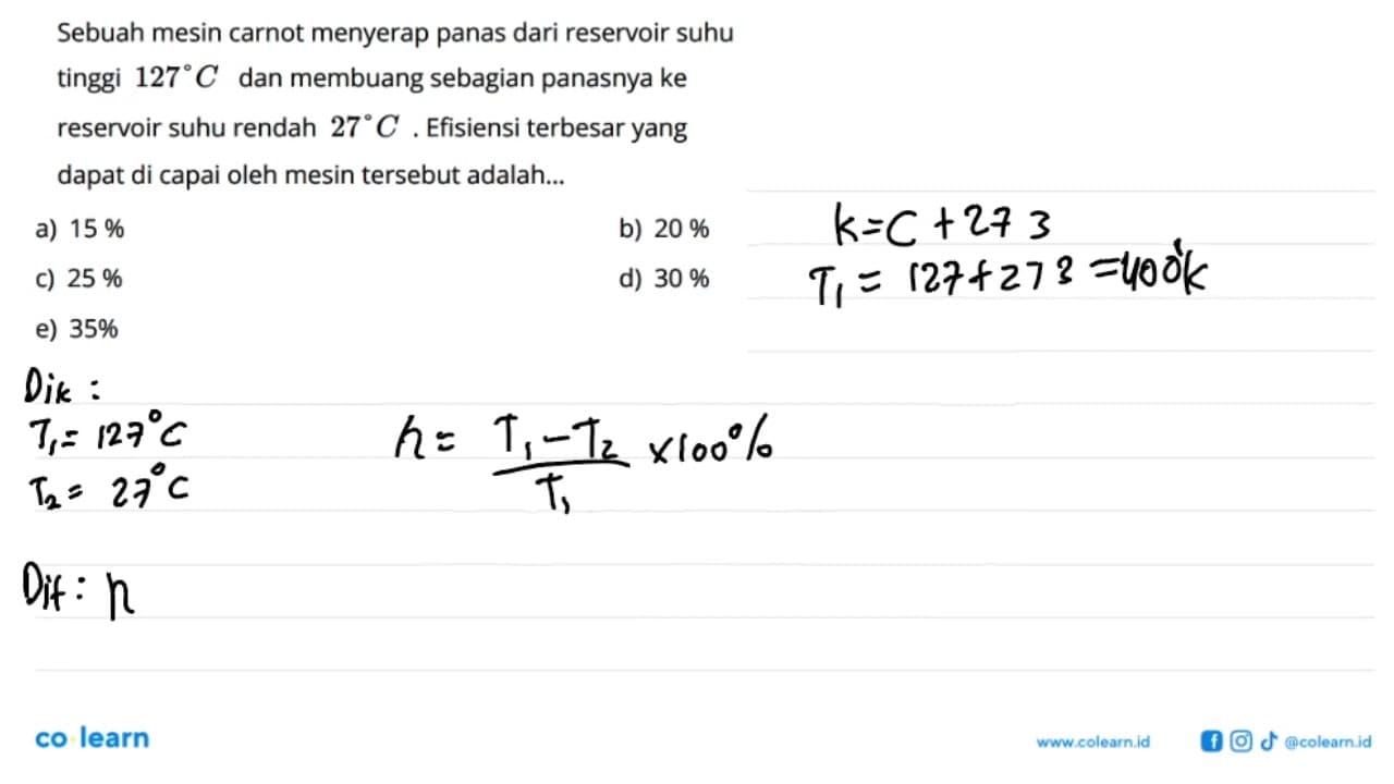 Sebuah mesin carnot menyerap panas dari reservoir suhu