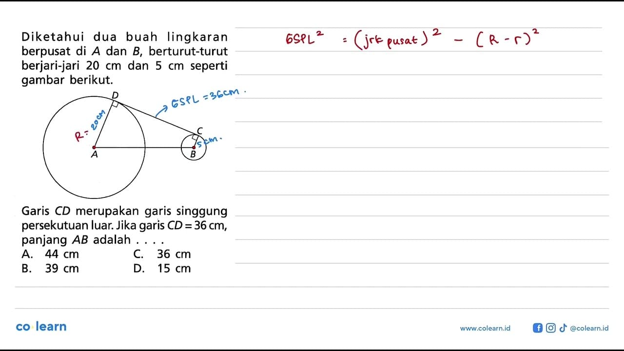 Diketahui dua buah lingkaran berpusat di A dan B,