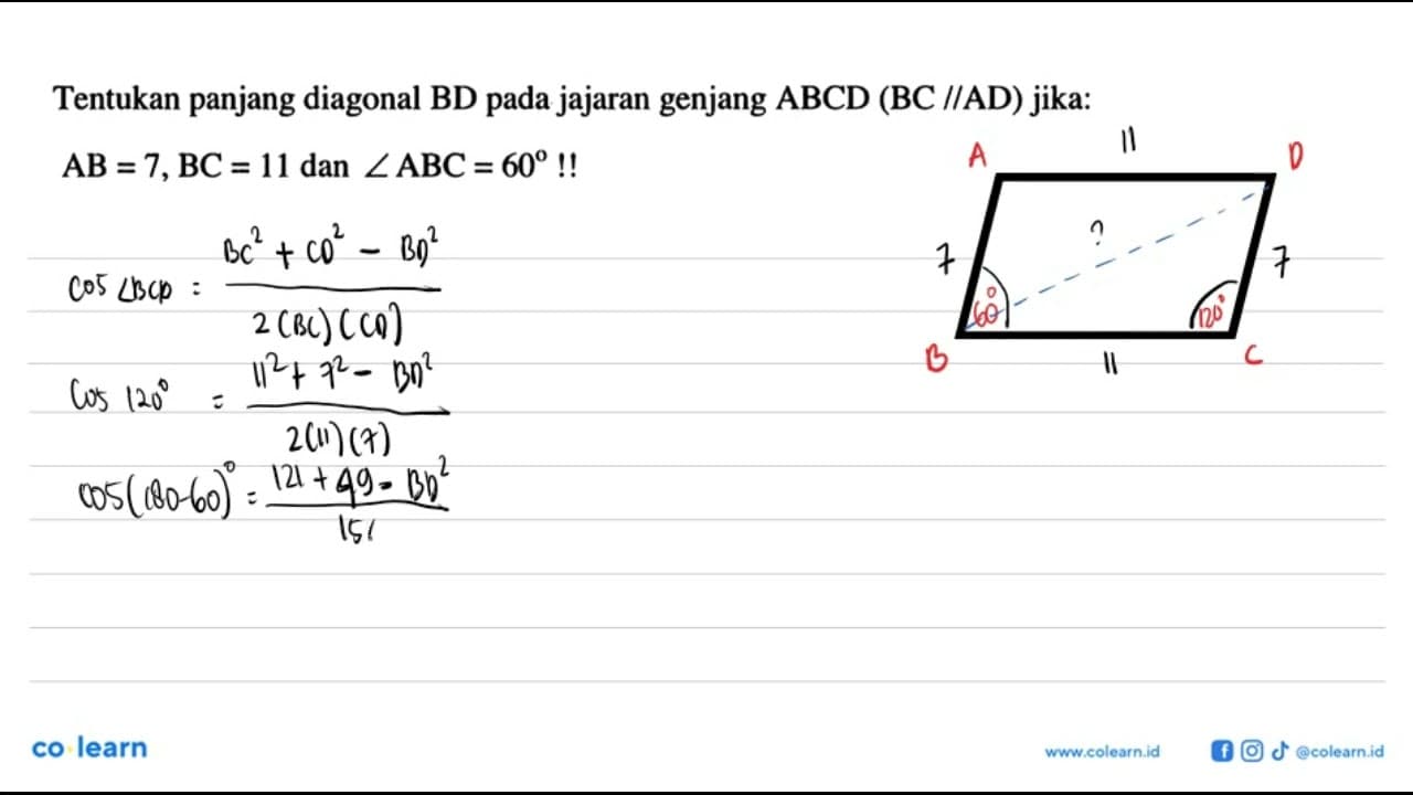 Tentukan panjang diagonal BD pada jajaran genjang ABCD