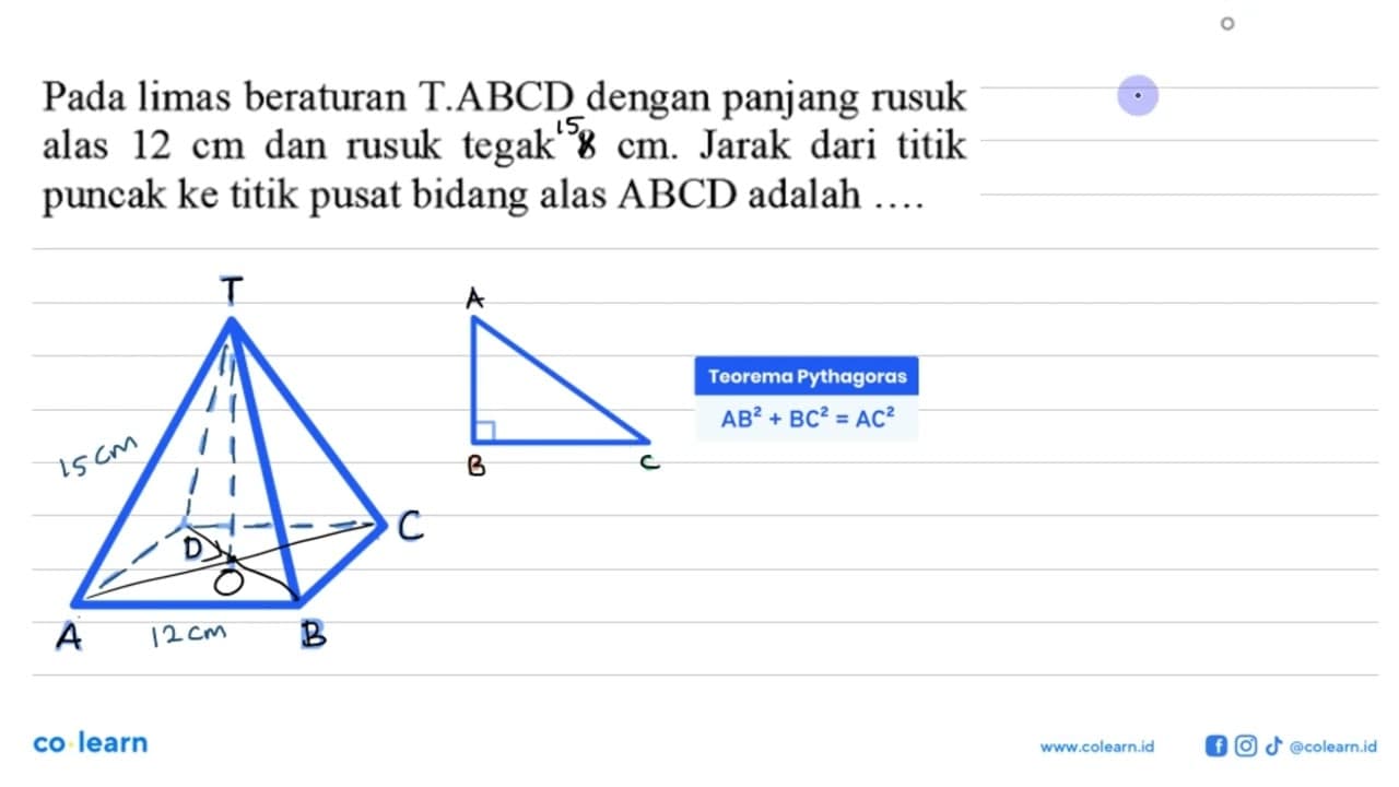 Pada limas beraturan T.ABCD dengan panjang rusuk alas 12 cm