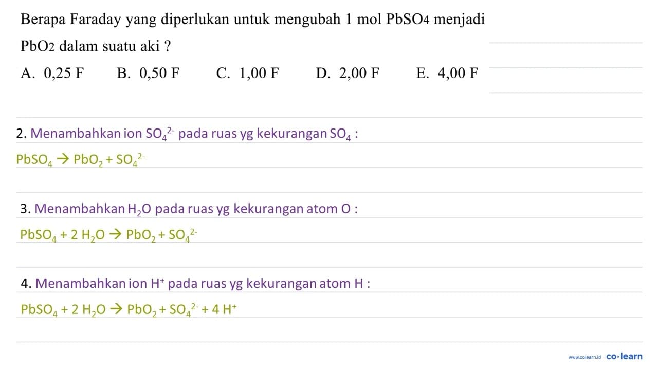 Berapa Faraday yang diperlukan untuk mengubah 1 mol PbSO 4