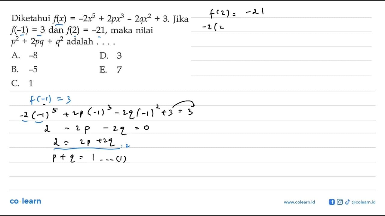 Diketahui f(x)=-2x^+2px^3-2qx^2+3. Jika f(-1)=3 dan