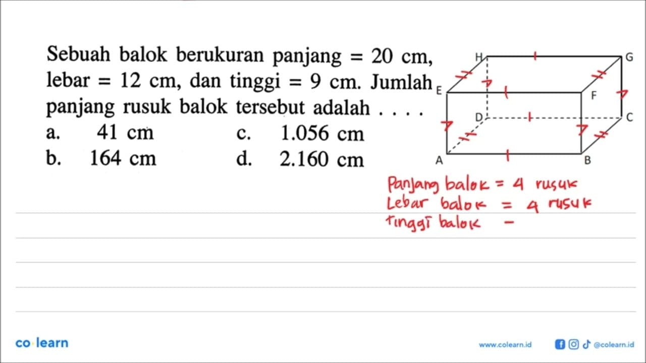 Sebuah balok berukuran panjang=20 cm, lebar=12 cm, dan