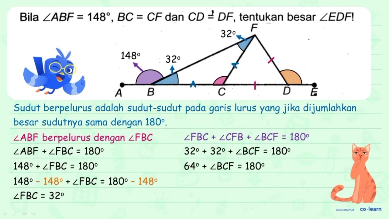 Bila sudut ABF=148, BC=CF dan CD=DF , tentukan besar sudut