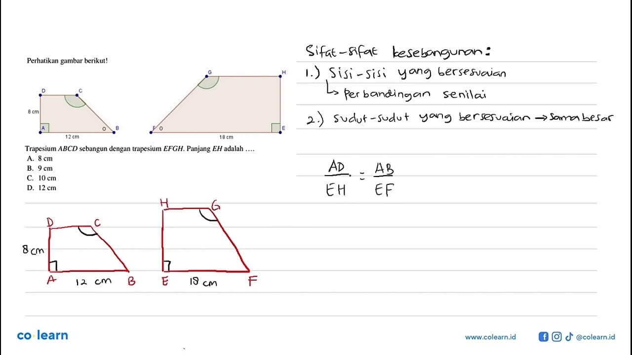 Perhatikan gambar berikut! 8 cm 12 cm 18 cm Trapesium ABCD