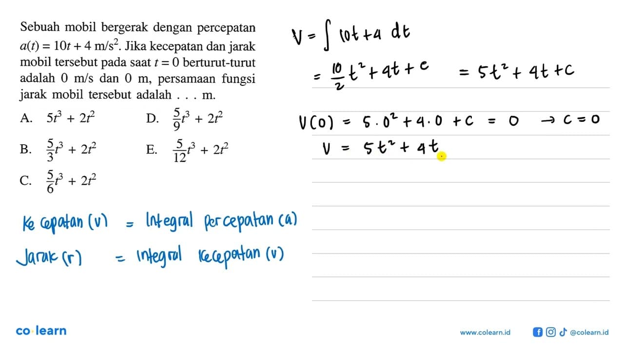 Sebuah mobil bergerak dengan percepatan a(t)=10t+4 m/s^2.