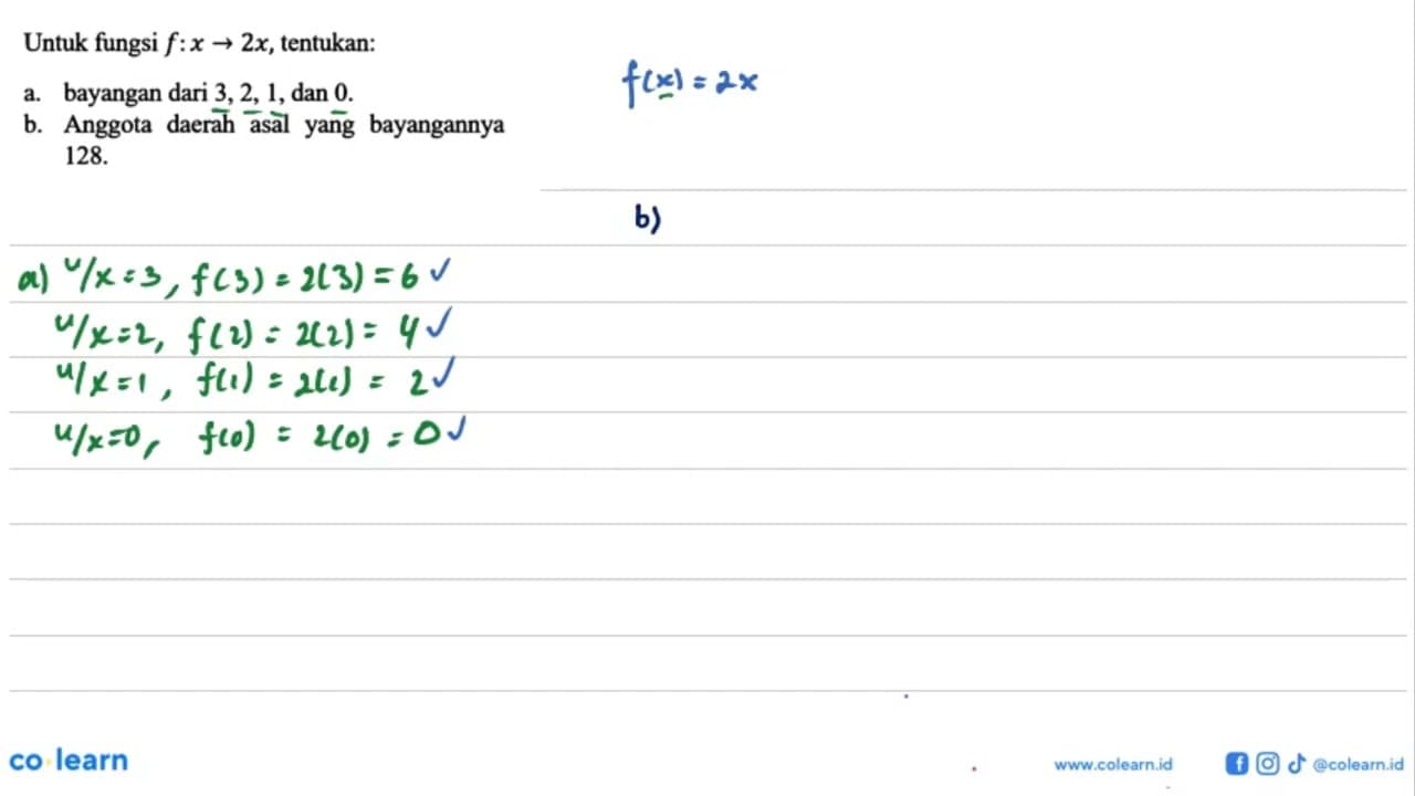 Untuk fungsi f:x -> 2x, tentukan: a. bayangan dari 3, 2, 1,