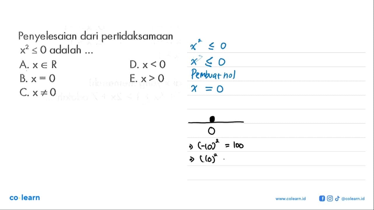 Penyelesaian dari pertidaksamaan x^2<=0 adalah ...