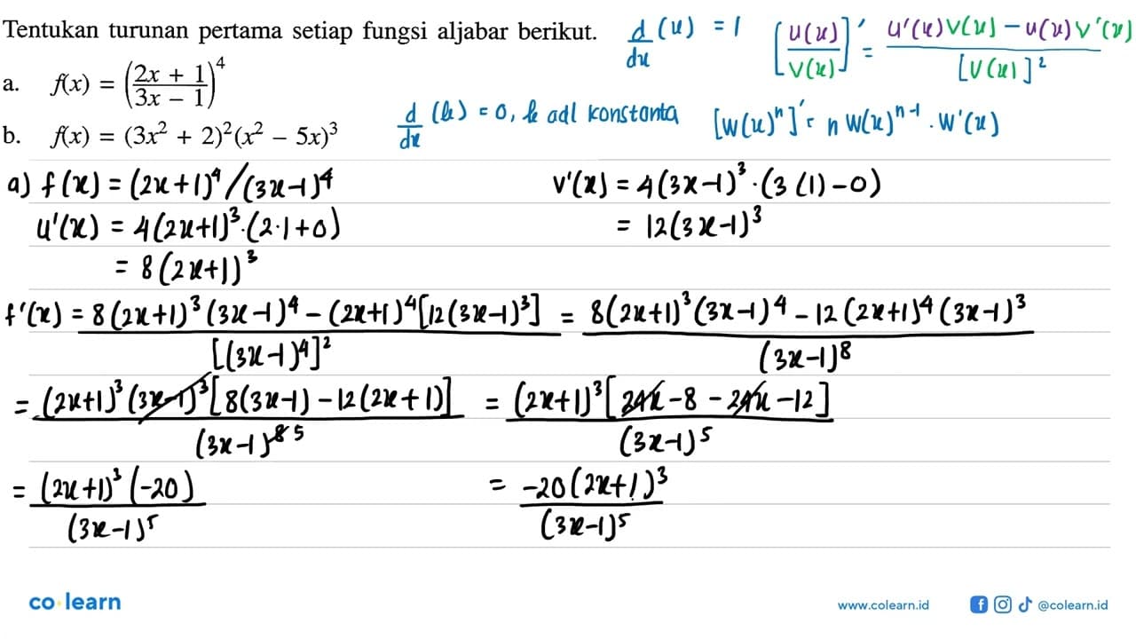 Tentukan turunan pertama setiap fungsi aljabar berikut.a.