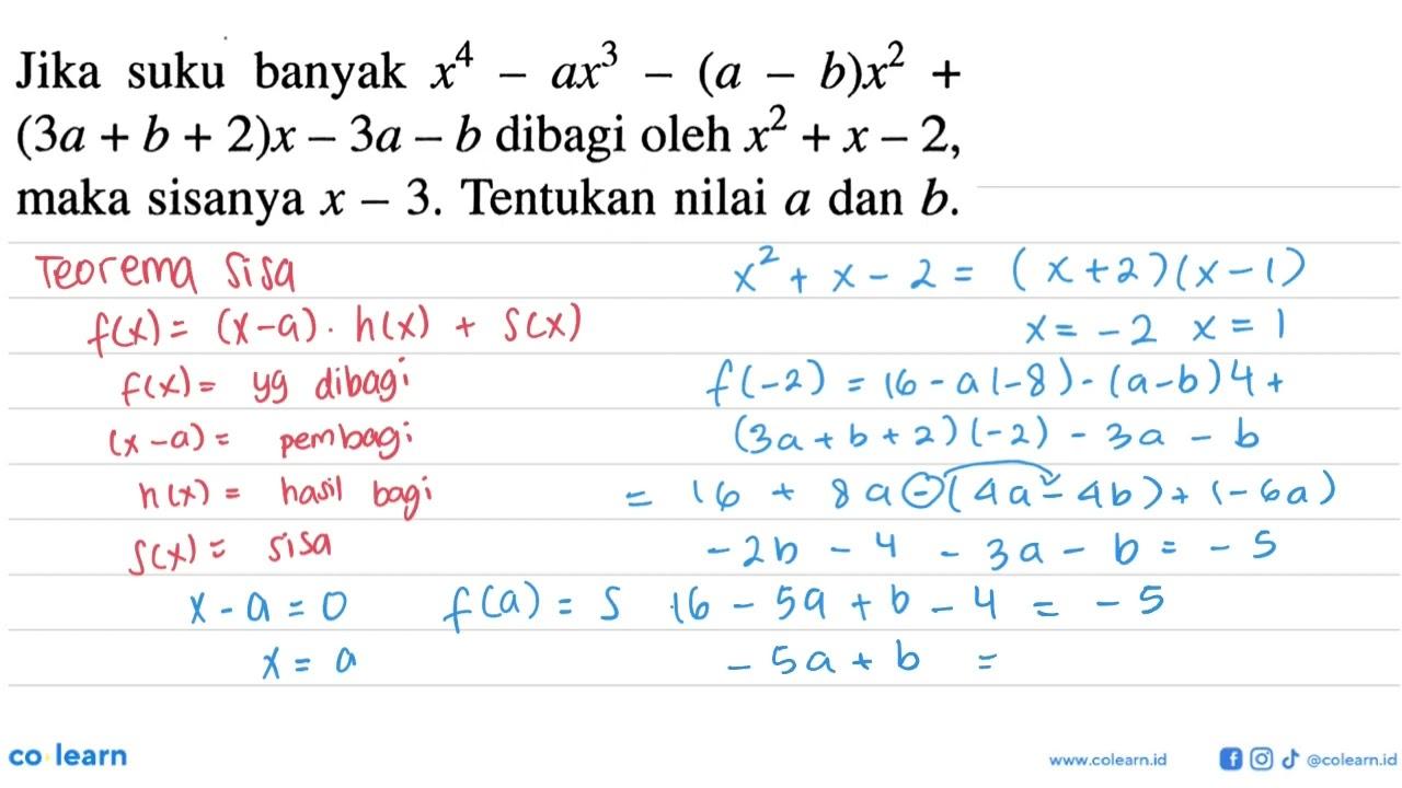 Jika suku banyak x^4-ax^3-(a-b)x^2+(3a+b+2)x-3a-b dibagi