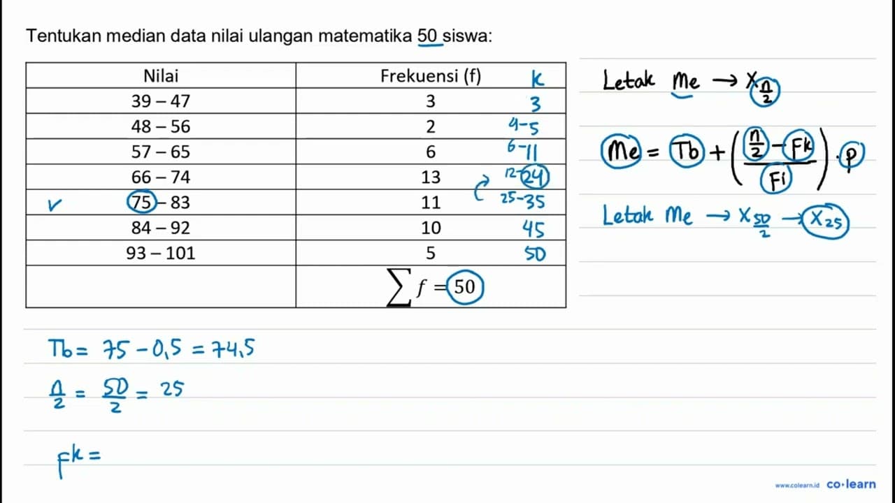 Tentukan median data nilai ulangan matematika 50 siswa: