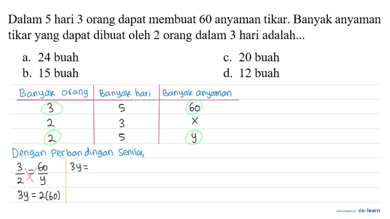 Dalam 5 hari 3 orang dapat membuat 60 anyaman tikar. Banyak