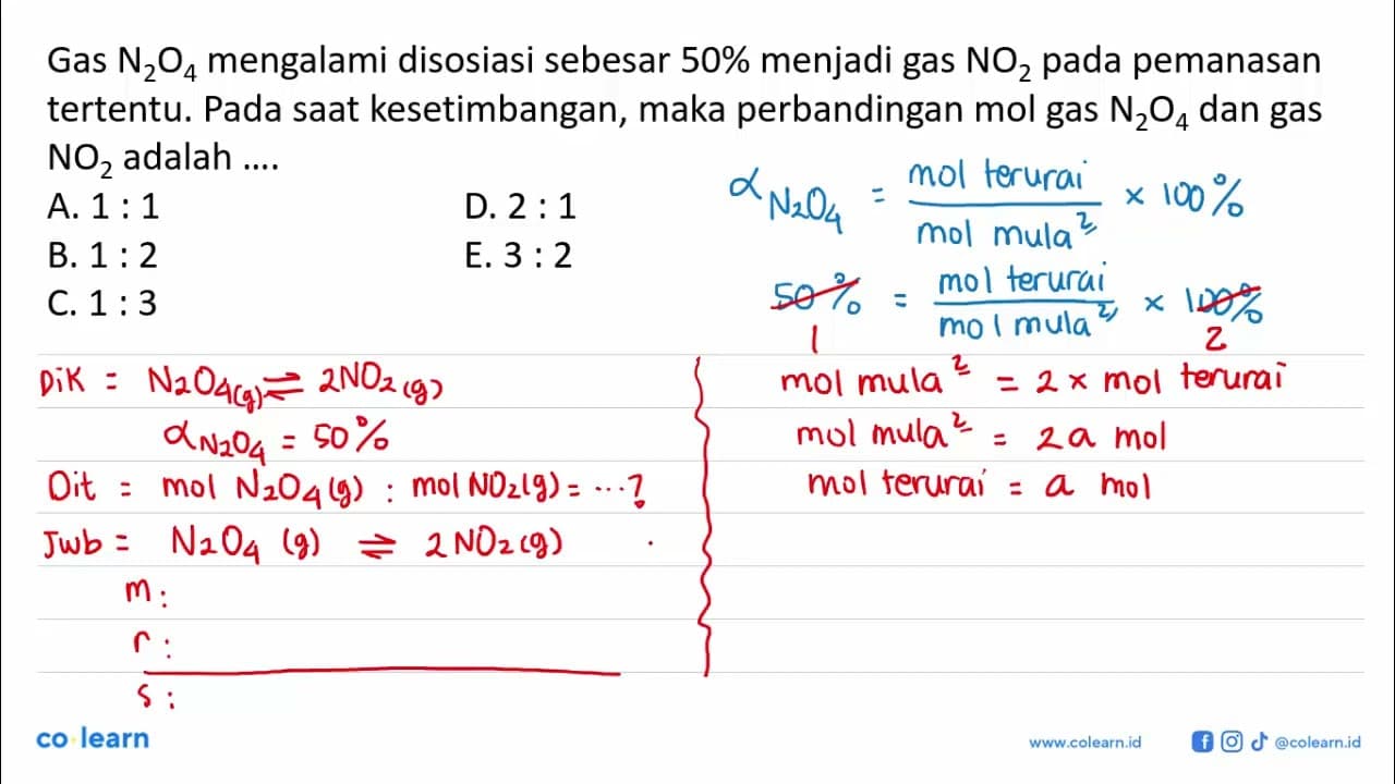 Gas N2O4 mengalami disosiasi sebesar 50% menjadi gas NO2