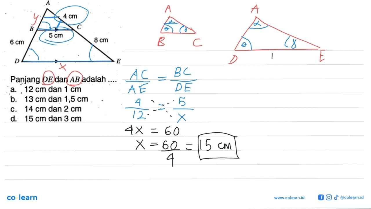 Panjang DE dan AB adalah .... segitiga 6 cm 4 cm 8 cm 5 cm