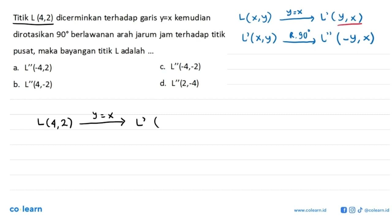 Titik L (4,2) dicerminkan terhadap garis y=x kemudian