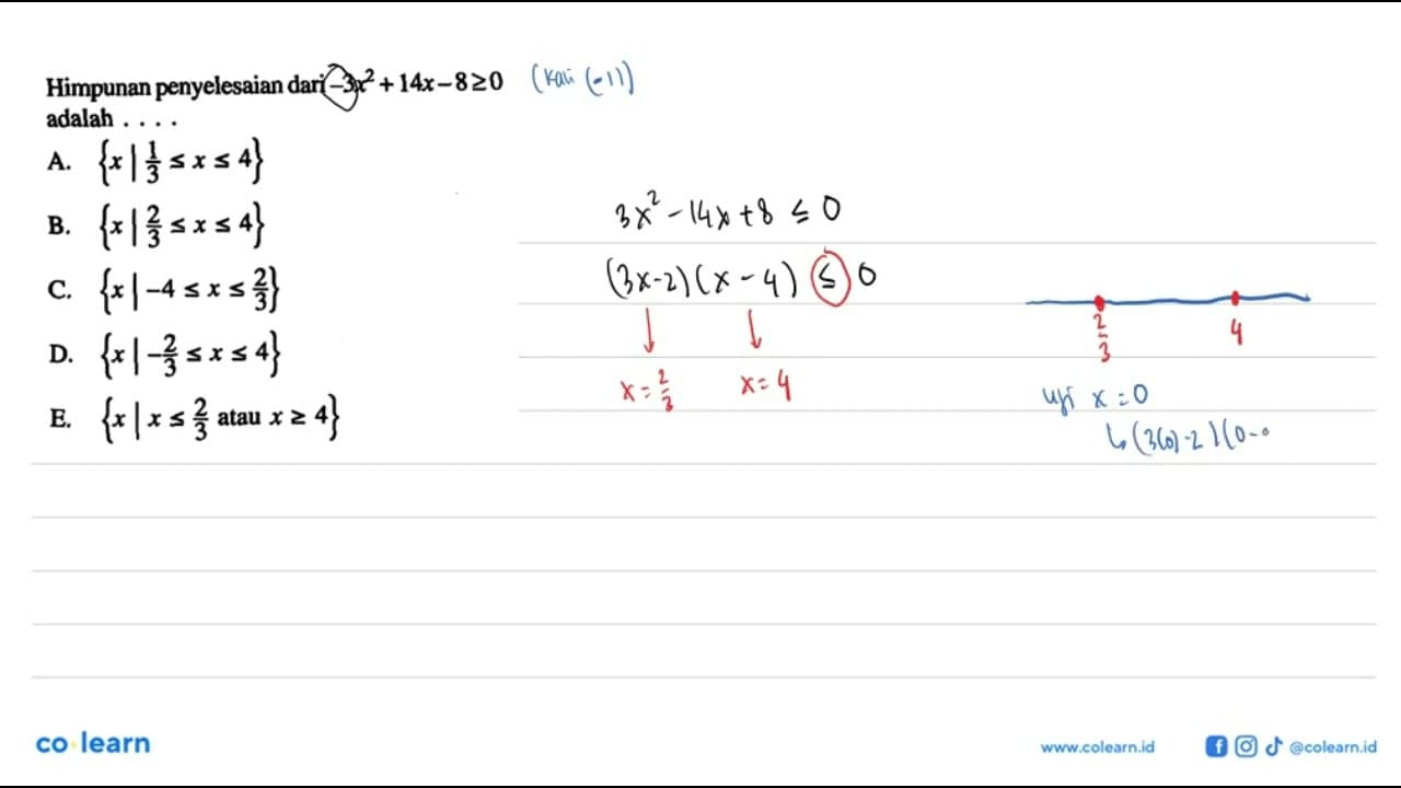 Himpunan penyelesaian dari -3x^2+14x-8>=0 adalah....