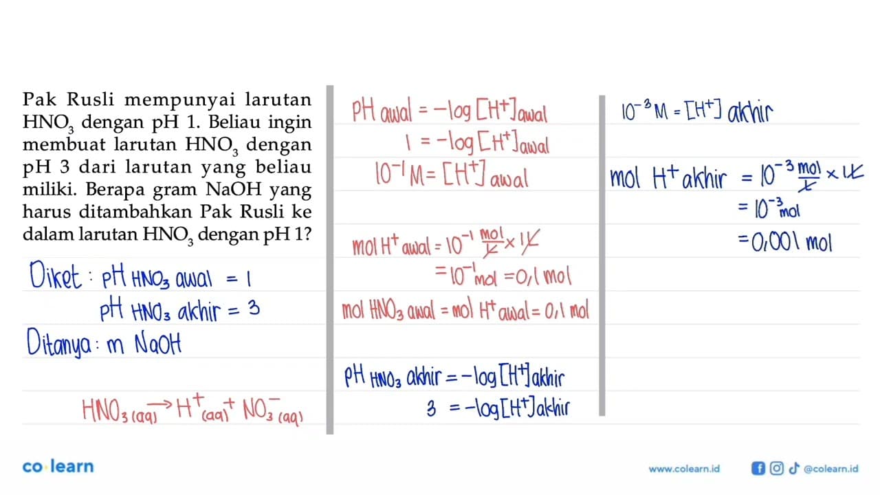 Pak Rusli mempunyai larutan HNO3 dengan pH 1. Beliau ingin