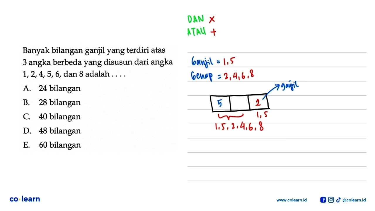 Banyak bilangan ganjil yang terdiri atas 3 angka berbeda