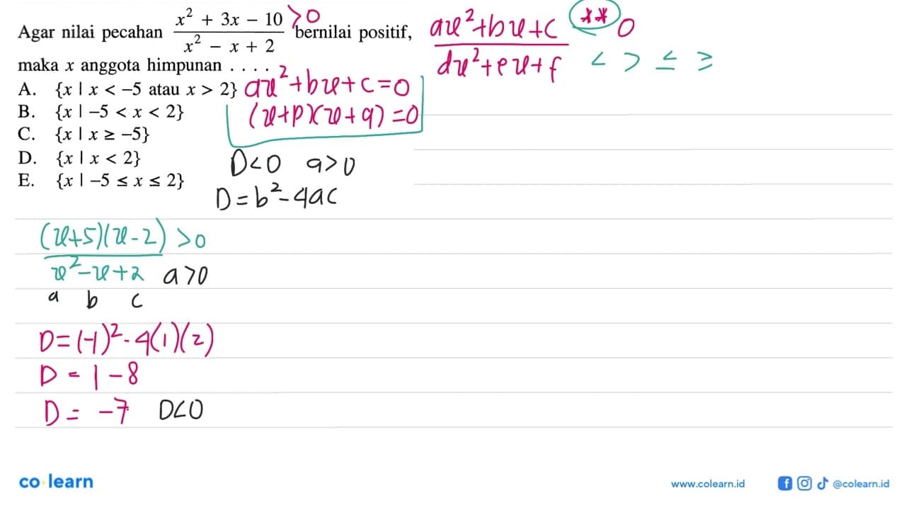 Agar nilai pecahan (x^2+3x-10)/(x^2-x+2) bernilai positif,