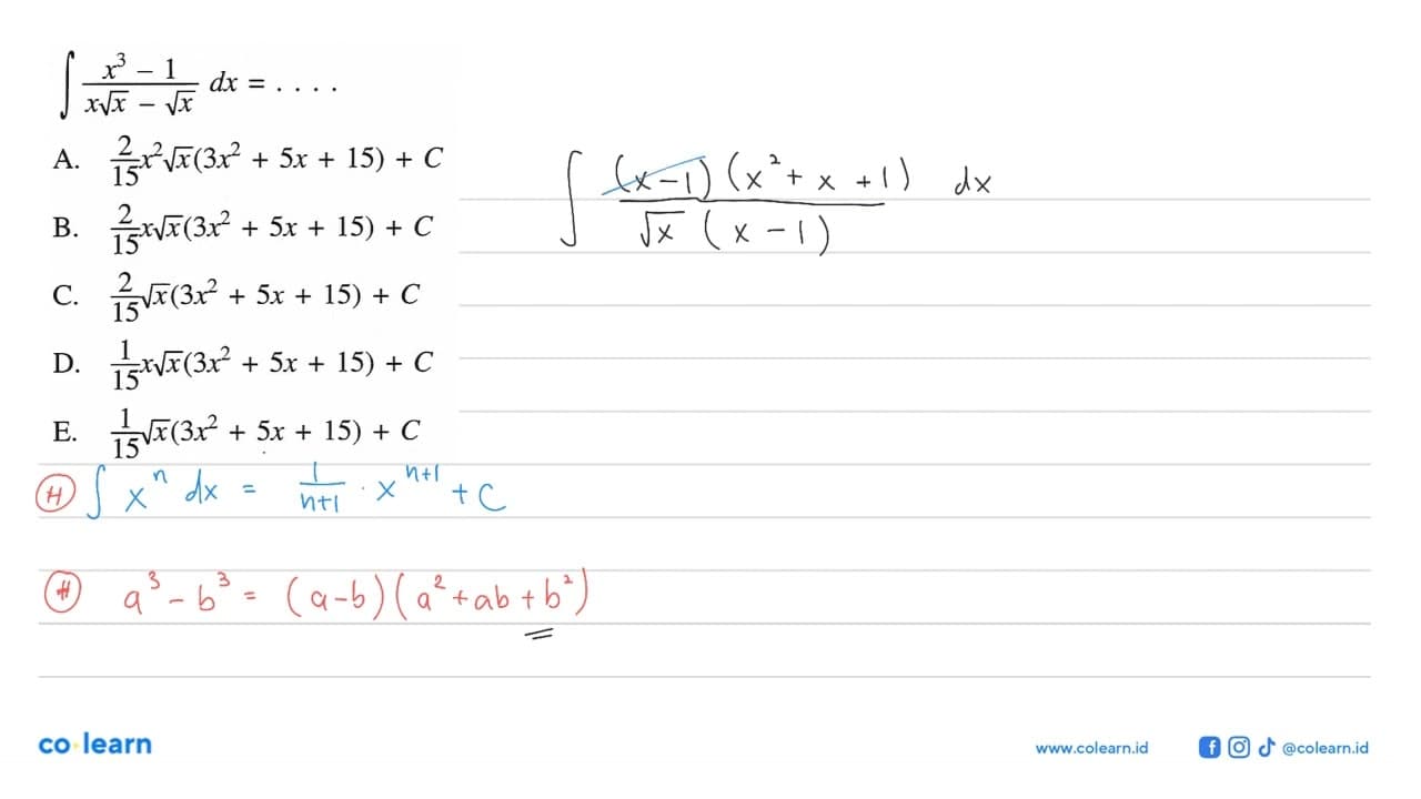 integral (x^3-1)/(x akar(x)-akar(x)) dx= ...