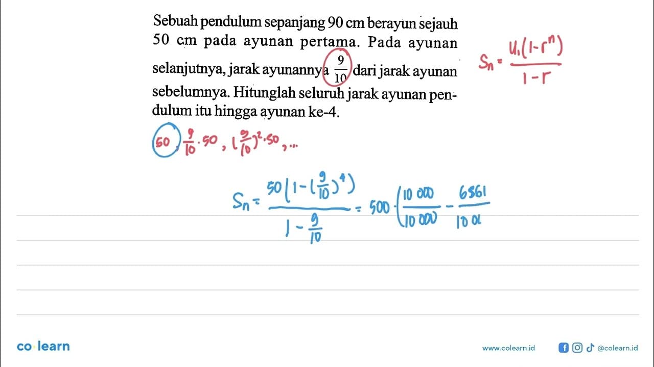 Sebuah pendulum sepanjang 90 cm berayun sejauh 50 cm pada