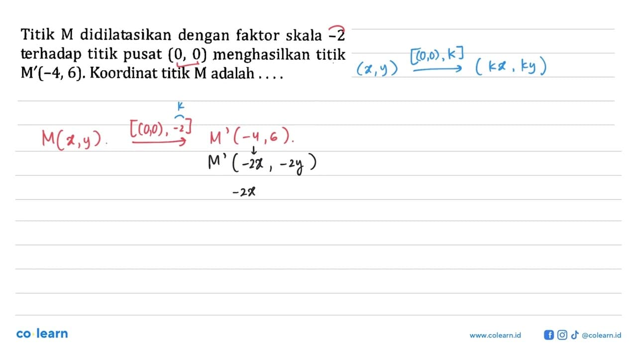 Titik M didilatasikan dengan faktor skala -2 terhadap titik