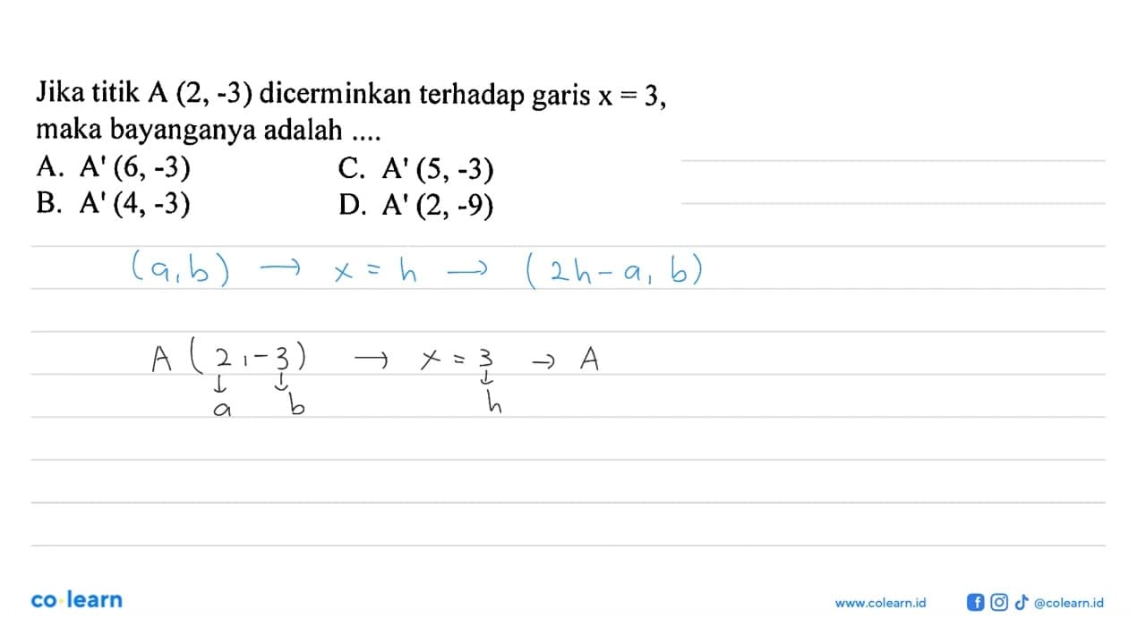 Jika titik A (2,-3) dicerminkan terhadap garis x=3, maka