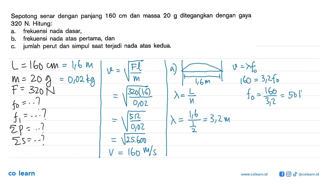 Sepotong senar dengan panjang 160 cm dan massa 20 g