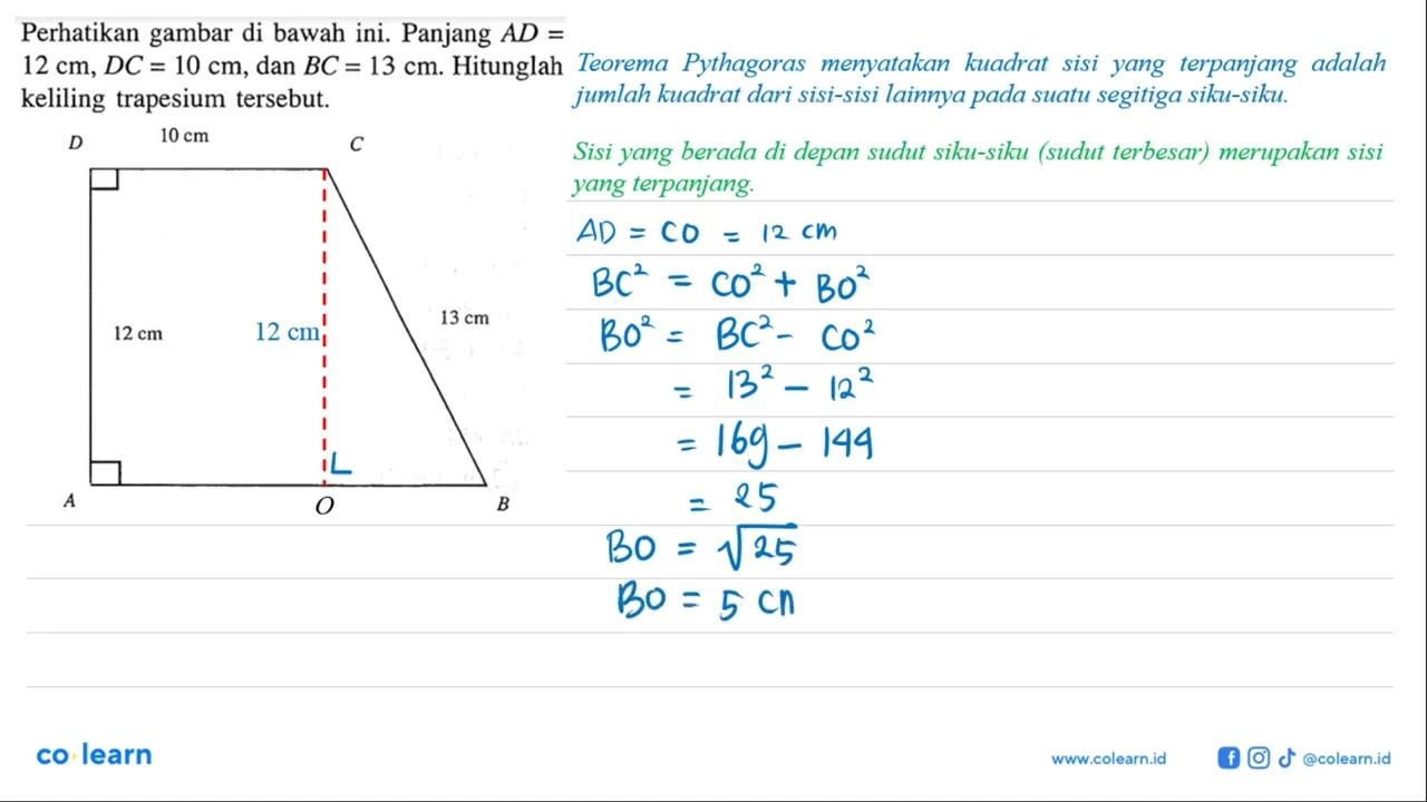 Perhatikan gambar di bawah ini. Panjang AD= 12 cm, DC=10