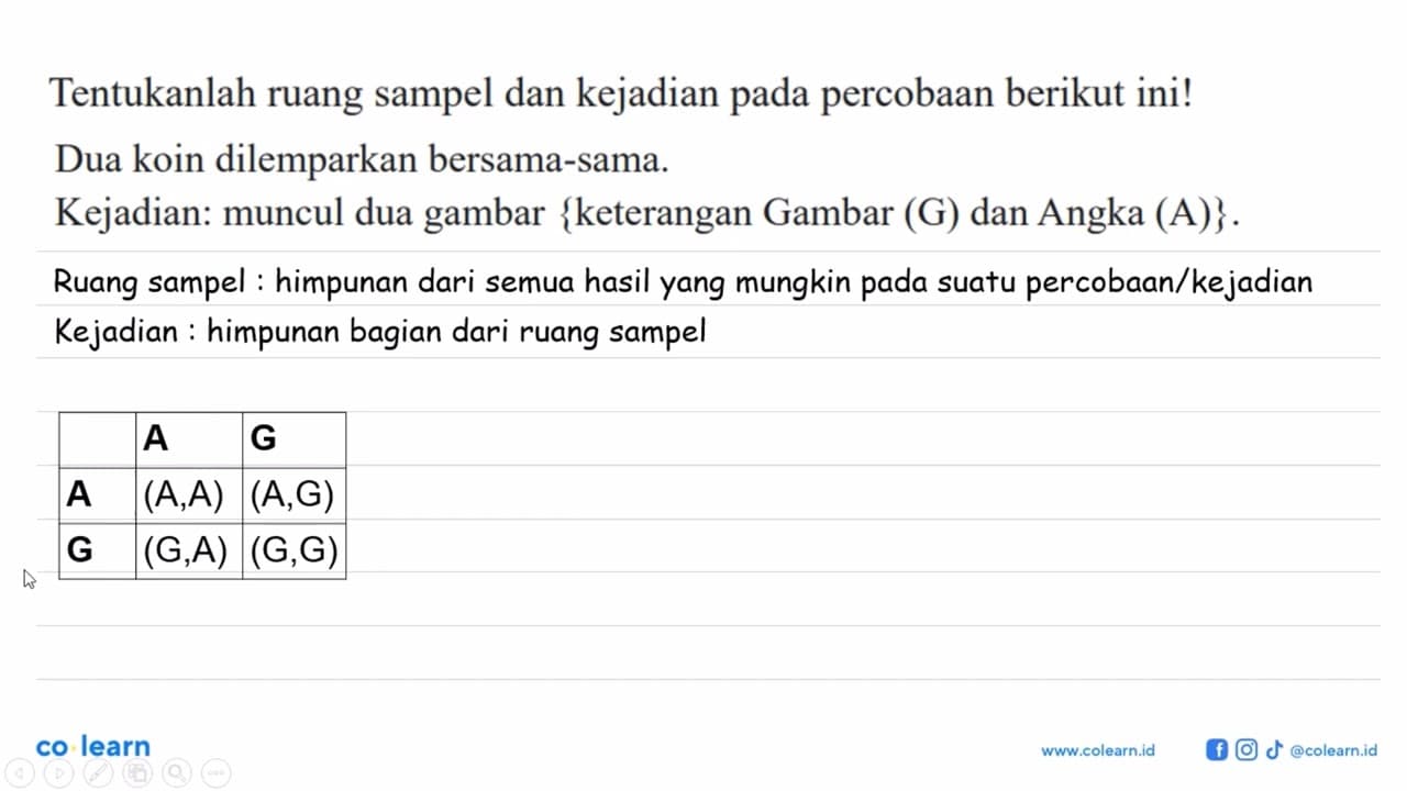 Tentukanlah ruang sampel dan kejadian pada percobaan