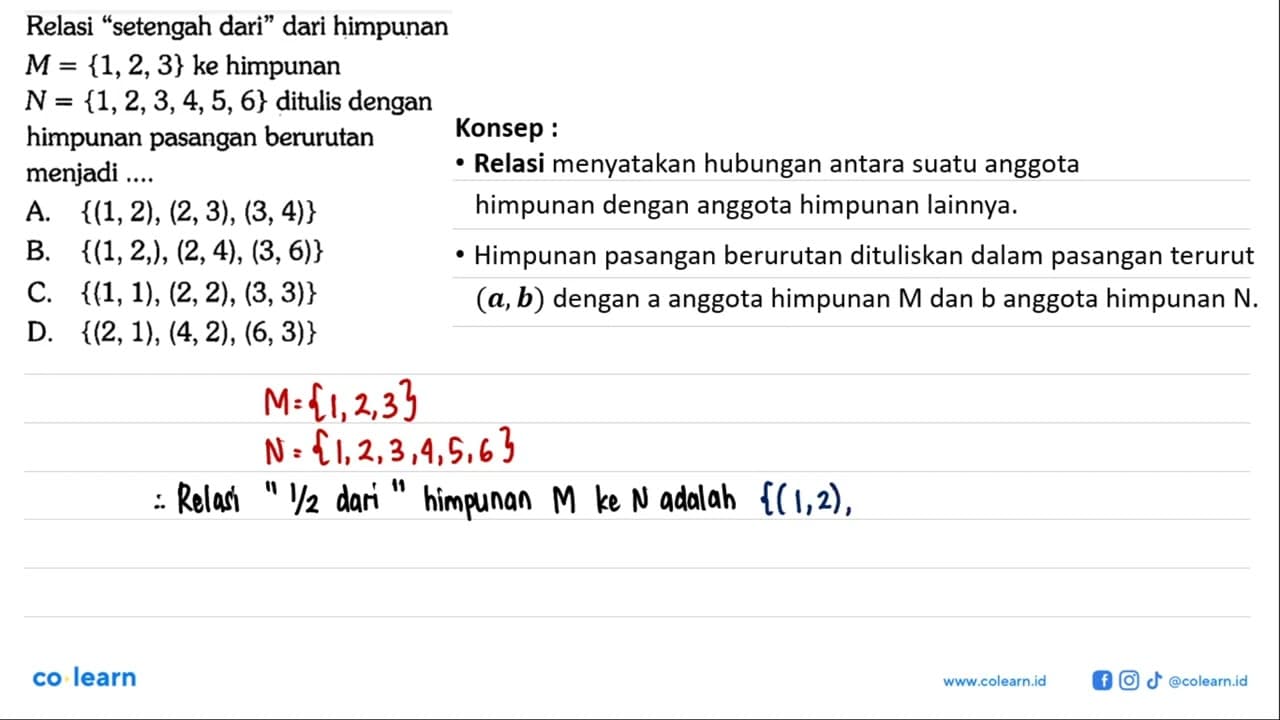 Relasi 'setengah dari' dari himpunan M = {1,2, 3} ke