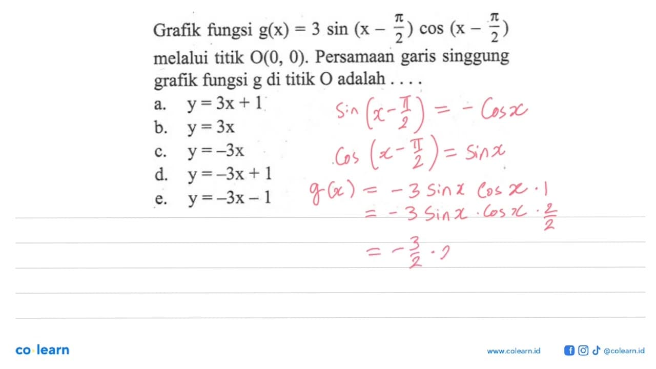 Grafik fungsi g(x) = 3 sin (x-pi/2) cos (x-pi/2) melalui