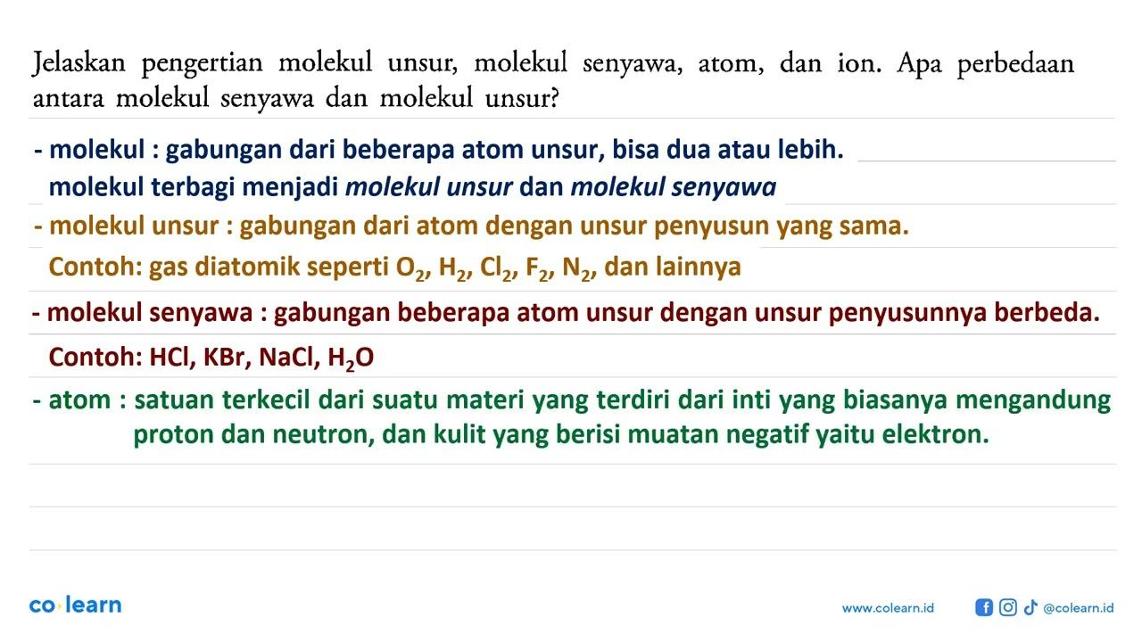 Jelaskan pengertian molekul unsur, molekul senyawa, atom,