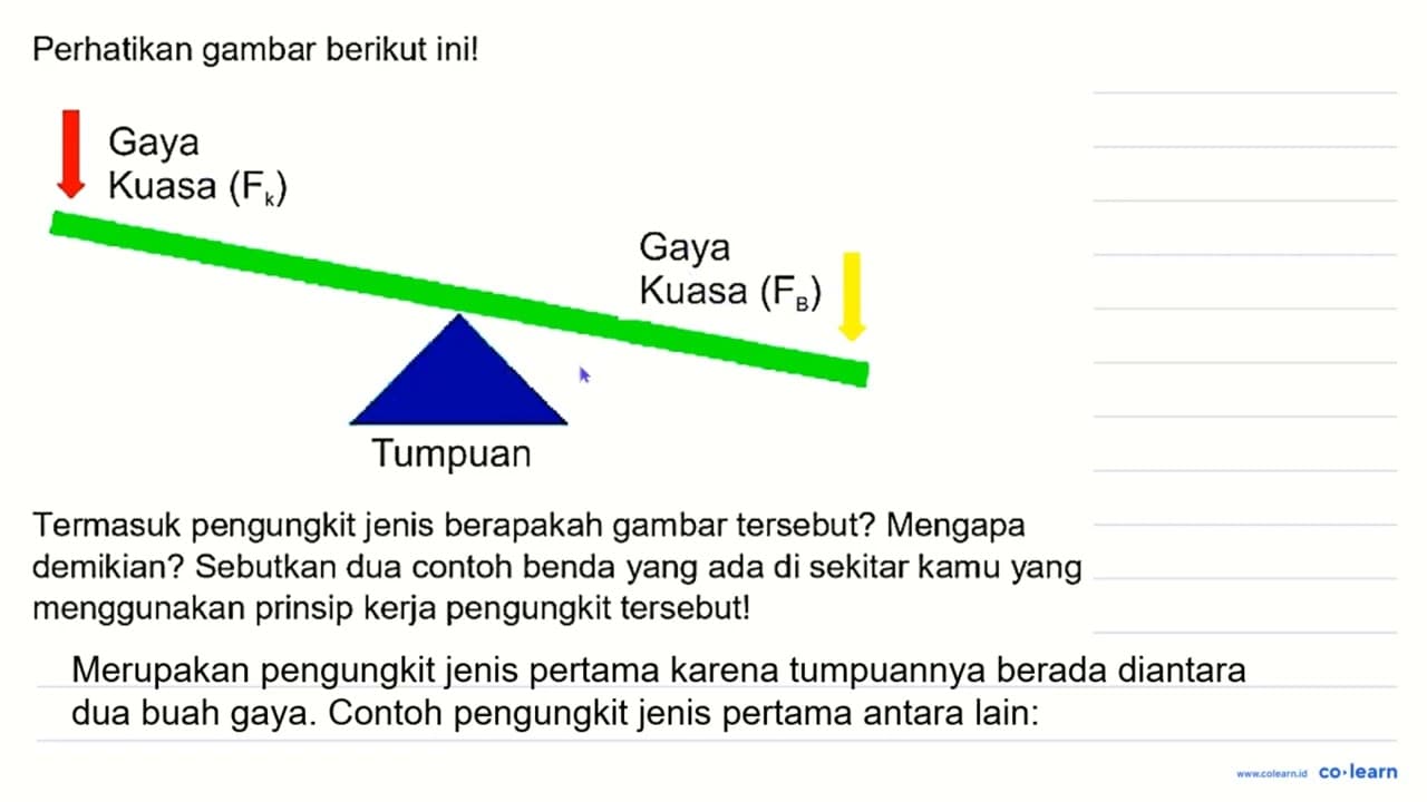 Perhatikan gambar berikut ini! Gaya Kuasa (F_(k)) Tumpuan