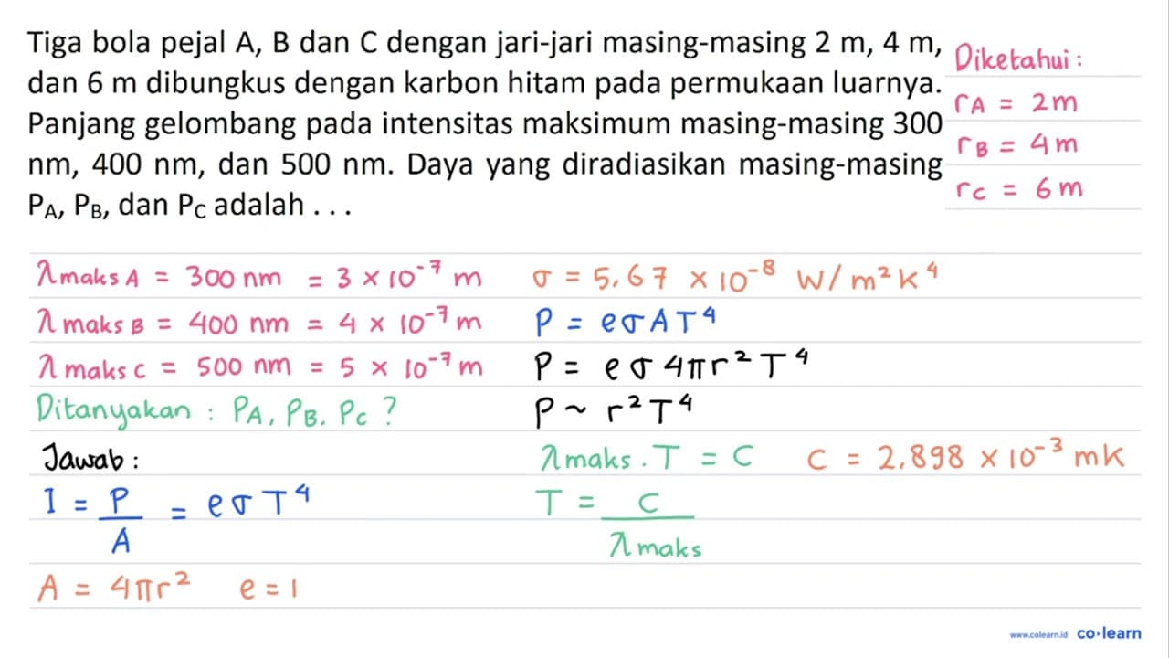 Tiga bola pejal A, B dan C dengan jari-jari masing-masing 2