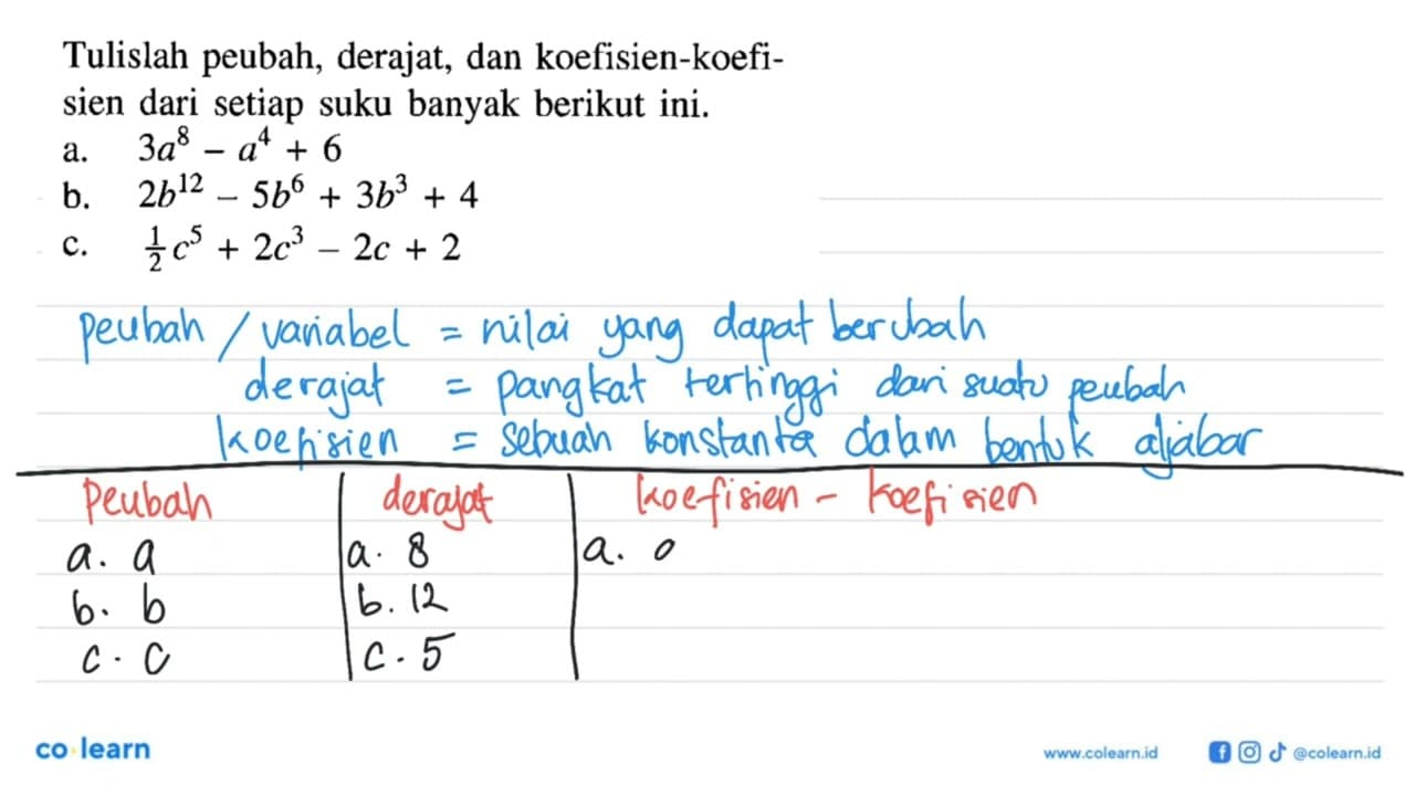 Tulislah peubah, derajat, dan koefisien-koefi- sien dari