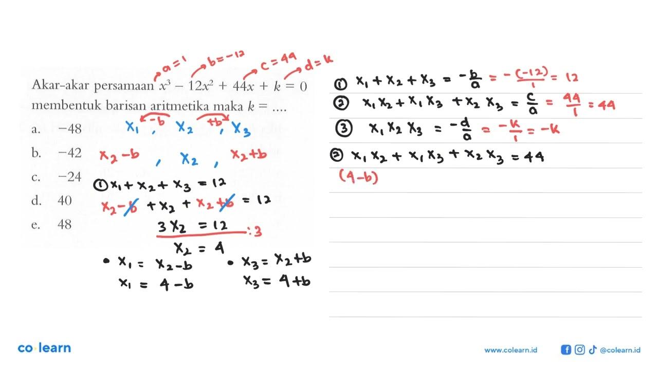 Akar-akar persamaan x^3-12x^2+44x+k=0 membentuk barisan