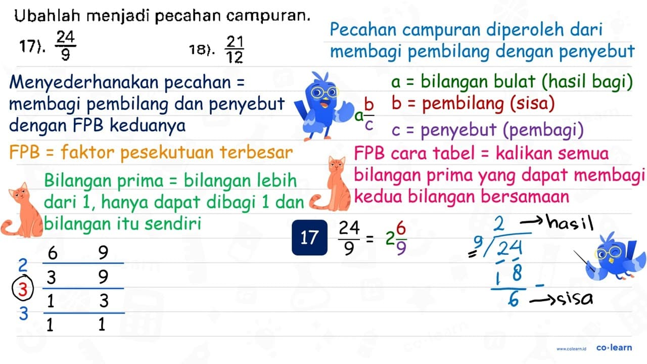 Ubahlah menjadi pecahan campuran. 17). (24)/(9) 18).