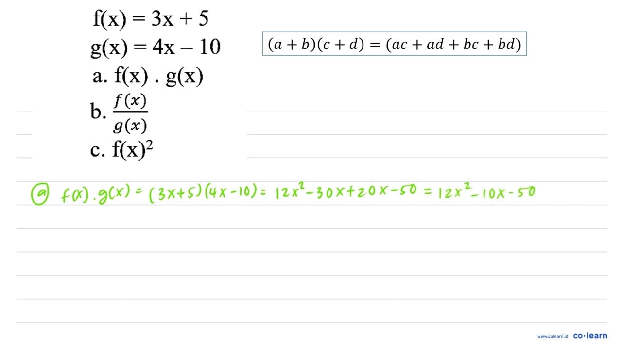 begin{aligned) D_(1)= f(x)=3 x+5 ~g(x)=4 x-10 D_(2)= a .