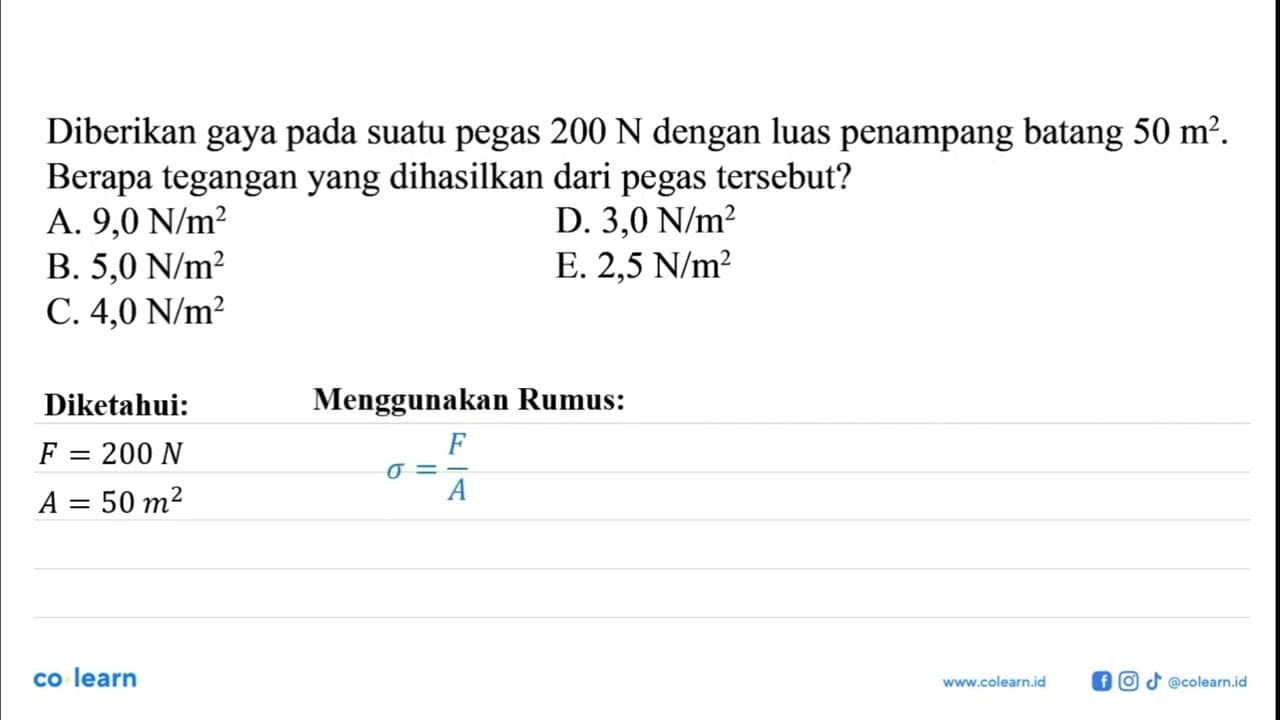 Diberikan gaya pada suatu pegas 200 N dengan luas penampang